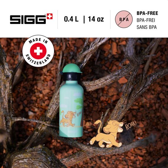 Sigg - Alu Trinkflasche Kinder - KBT Disney Simba Roar - König der Löwen - Auslaufsicher & Bruchsicher - Federleicht - BPA-frei - Klimaneutral Zertifiziert - Sport & Schule - Weissgrün - 0,4L