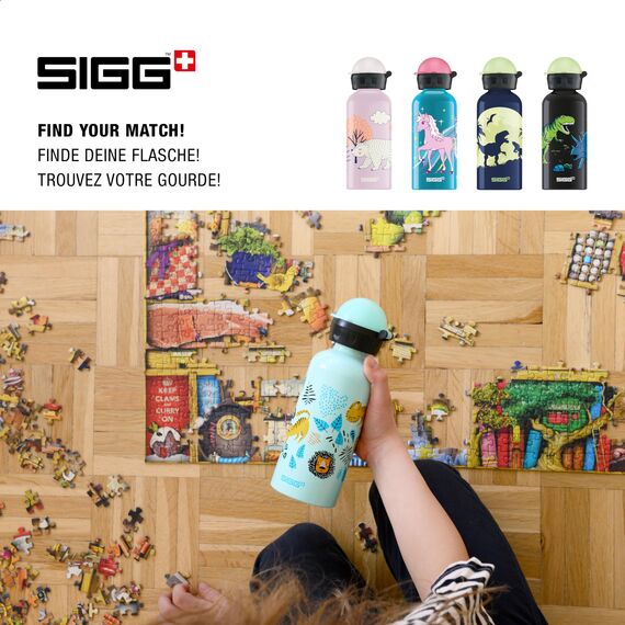 Sigg - Alu Trinkflasche Kinder - KBT Jungle Tzz - Auslaufsicher & Bruchsicher - Federleicht - BPA-frei - Klimaneutral Zertifiziert - Sport & Schule - Weissgrün mit Wildtieren im Dschungel - 0,4L