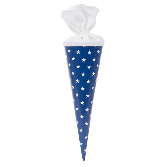 goldbuch 93 010 Geschwistertüte Sterne, Schultüte aus Lackarton mit Sternenmuster, Geschenkverpackung mit weißem Filzverschluss (ohne Verschlussband), Zuckertüte rund, Länge 35 cm, Ø 11,5 cm, Blau