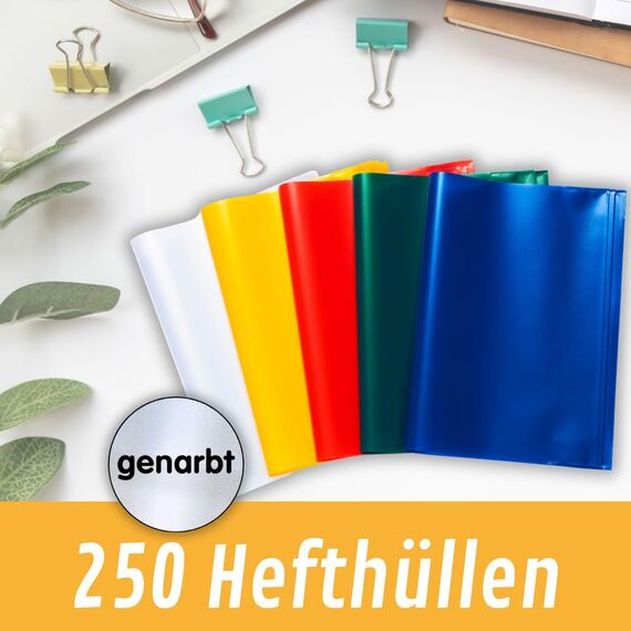 perfect line 250 Hefthüllen DIN-A4, 5 Farben, Heftumschlag transparent genarbt, Heftschoner aus recyclebarem PP, dokumentenecht (10 Sets á 25 Stk.)