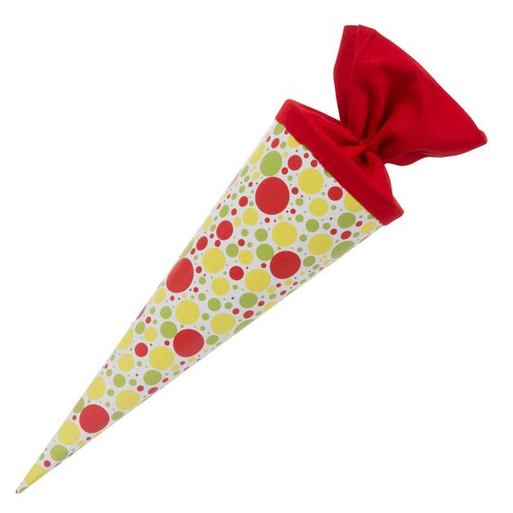goldbuch 93 011 Geschwistertüte lekker + anders, Schultüte aus Lackarton mit Punktemuster, Geschenkverpackung mit rotem Filzverschluss (ohne Verschlussband), Zuckertüte rund, Länge 35 cm, Ø 11,5 cm