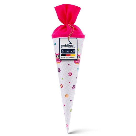 goldbuch 93 043 Geschwistertüte Eule, Schultüte aus Lackarton mit Eulen-Blumenmuster, Geschenkverpackung mit pinkem Filzverschluss (ohne Verschlussband), Zuckertüte rund, Länge 35 cm, Ø 11,5 cm, Weiß