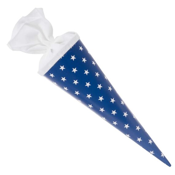goldbuch 93 010 Geschwistertüte Sterne, Schultüte aus Lackarton mit Sternenmuster, Geschenkverpackung mit weißem Filzverschluss (ohne Verschlussband), Zuckertüte rund, Länge 35 cm, Ø 11,5 cm, Blau