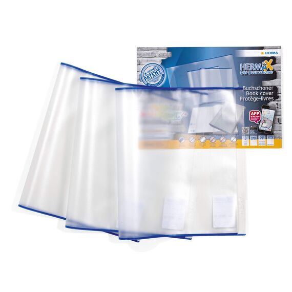 HERMA 20218 Buchumschläge 26,7 x 54 cm HERMÄX Classic, 3 Stück, Buchhüllen mit Beschriftungsetikett und Kantenschutz aus abwischbarer Polypropylen-Folie, Buchschoner Set für Schulbücher, transparent