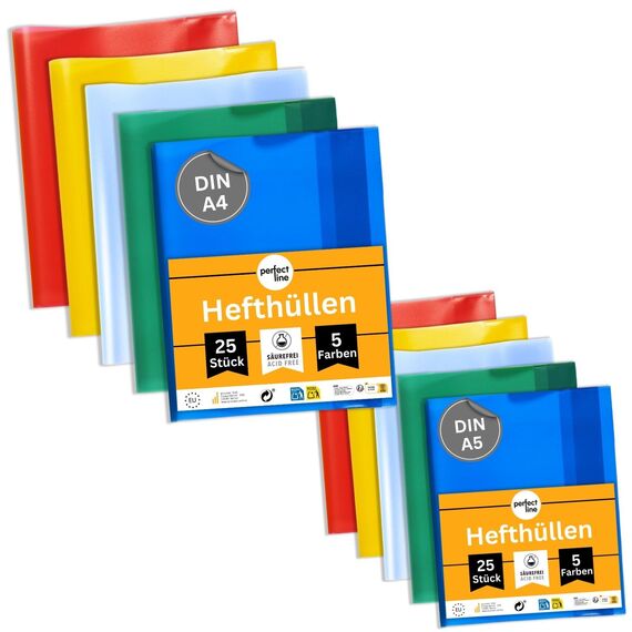 perfect line 50 Hefthüllen DIN-A4 & A5, 5 Farben, Heftumschlag transparent genarbt, je 25x Heftschoner A4 & A5 aus recyclebarem PP, dokumentenecht (Set zu je 25 Stk.)