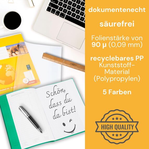 perfect line 125 Hefthüllen DIN-A4, 5 Farben, Heftumschlag transparent genarbt, Heftschoner aus recyclebarem PP, dokumentenecht (5 Sets á 25 Stk.)