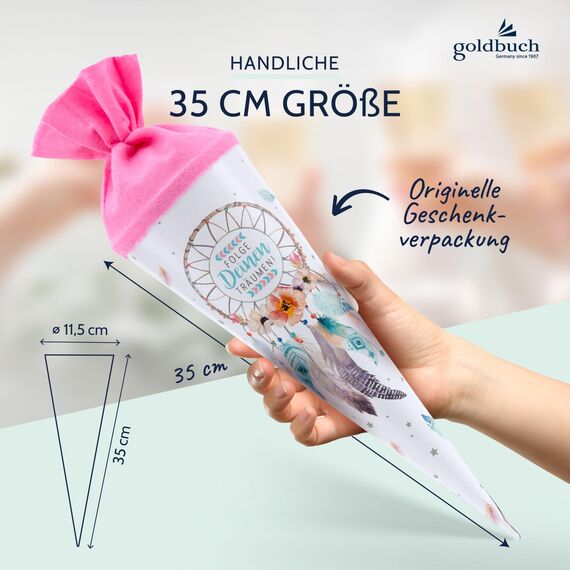 goldbuch 93 205 Geschwistertüte Traumfänger, Schultüte mit Traumfängermotiv, Lackkarton, Geschenkverpackung, rosaner Filzverschluss (ohne Verschlussband), Zuckertüte rund, Länge 35 cm, Ø 11,5 cm