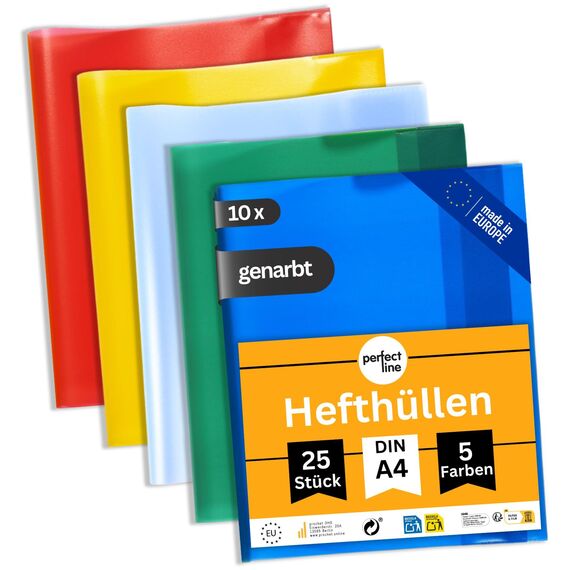 perfect line 250 Hefthüllen DIN-A4, 5 Farben, Heftumschlag transparent genarbt, Heftschoner aus recyclebarem PP, dokumentenecht (10 Sets á 25 Stk.)