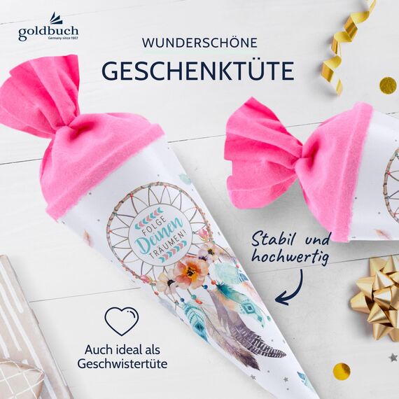goldbuch 93 205 Geschwistertüte Traumfänger, Schultüte mit Traumfängermotiv, Lackkarton, Geschenkverpackung, rosaner Filzverschluss (ohne Verschlussband), Zuckertüte rund, Länge 35 cm, Ø 11,5 cm