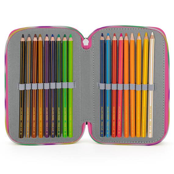 Clondo Mädchen Federmäppchen 3-Fach gefüllt, Für Disney Prinzessinnen Fan, 45-TLG., Rosa, Radierbare Gelstifte, Filzstifte, Buntstifte, Schere, Kleber, Mit Reißverschlussfächern