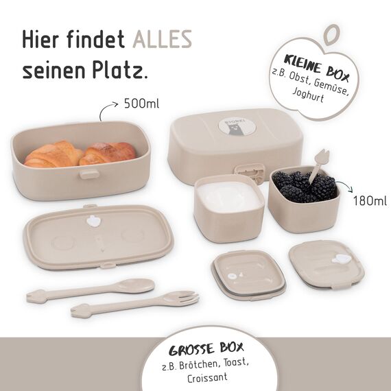 BJORKI® Bento Box für Kinder inkl. BONUS Namensticker - Auslaufsichere Lunchbox mit Fächern - Nachhaltige Brotdose Kinder für Kindergarten & Schule - Die Jausenbox für unterwegs. (Pastell Beige)