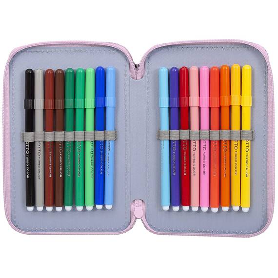 Clondo Mädchen 3-Fach Federmäppchen für Disney Prinzessinnen Fans – 44-teilig, komplett gefüllt – mit Schere, Lineal, Buntstiften – Rosa & Lila – Ideal für Schule & als Geschenk