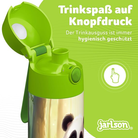Jarlson® Trinkflasche Kinder Edelstahl MALI [THERMOSFLASCHE] - Kindertrinkflasche Auslaufsicher - Thermoskanne Kohlensäure geeignet - Thermo Trink Flasche für Schule & Kindergarten (350ml, Panda)