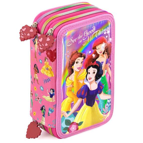 Clondo Mädchen Federmäppchen 3-Fach gefüllt, Für Disney Prinzessinnen Fan, 45-TLG., Rosa, Radierbare Gelstifte, Filzstifte, Buntstifte, Schere, Kleber, Mit Reißverschlussfächern
