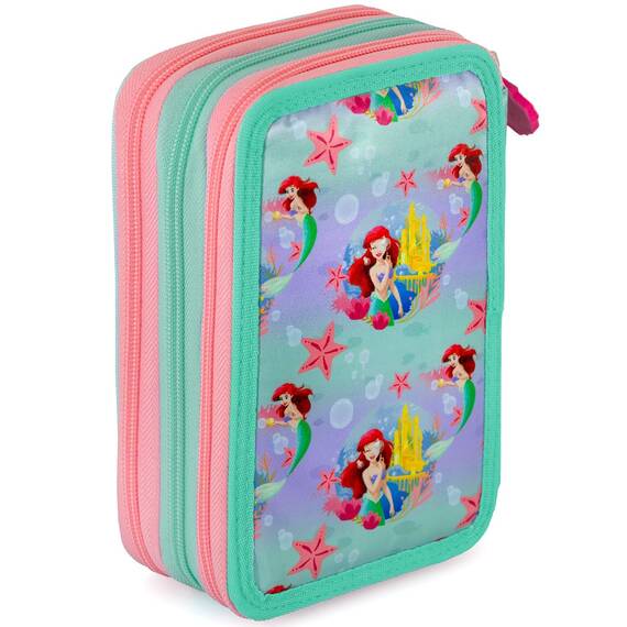 Clondo 3-Fach Federmäppchen für Arielle die Meerjungfrau Fan – 45-teilig, komplett gefüllt – mit 2 löschbaren Gelstiften, Schere, Kleber, Buntstiften – ideal für Schule & als Geschenk