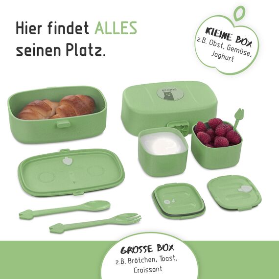 BJORKI® Bento Box für Kinder inkl. GRATIS Namensticker - Auslaufsichere Lunchbox mit Fächern - Nachhaltige Brotdose Kinder für Kindergarten & Schule - Die Jausenbox für unterwegs. (Pastell Grün)