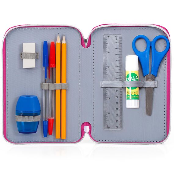 Clondo 3-Fach Federmäppchen für Barbie Fan – 45-teilig, komplett gefüllt – mit Schere, Kleber, Buntstiften, Filzstifte – Rosa – ideal für Schule & als Geschenk Mädchen