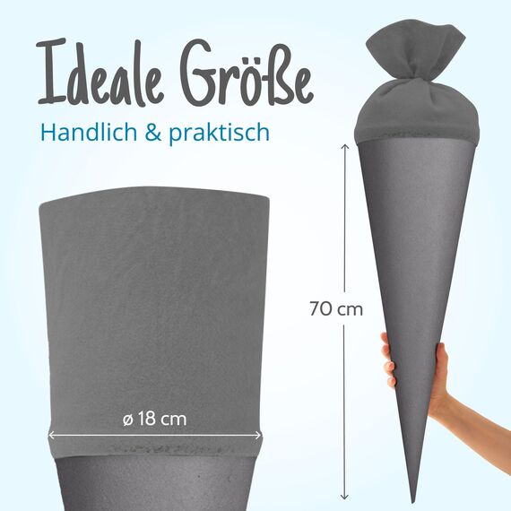 itenga Bastelschultüte Schultütenrohling Zuckertüte Schultüte 70cm rund mit und ohne Filzverschluss (Grau mit Filzverschluss)