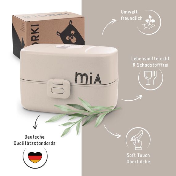 BJORKI® Bento Box für Kinder inkl. BONUS Namensticker - Auslaufsichere Lunchbox mit Fächern - Nachhaltige Brotdose Kinder für Kindergarten & Schule - Die Jausenbox für unterwegs. (Pastell Beige)
