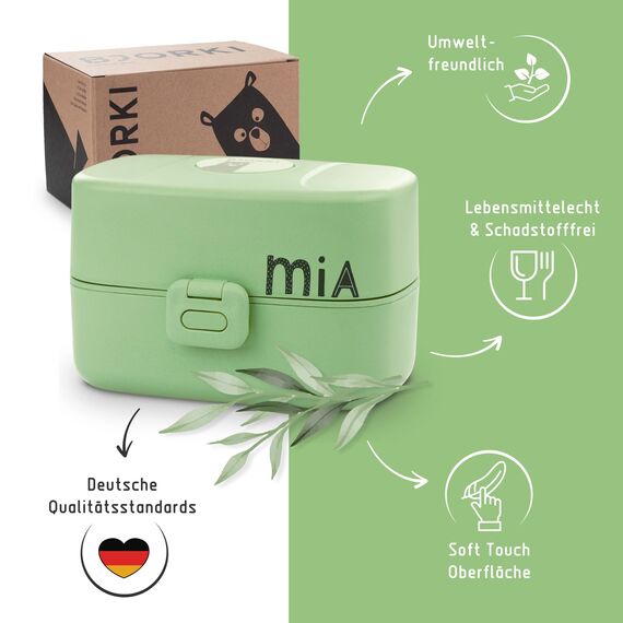 BJORKI® Bento Box für Kinder inkl. GRATIS Namensticker - Auslaufsichere Lunchbox mit Fächern - Nachhaltige Brotdose Kinder für Kindergarten & Schule - Die Jausenbox für unterwegs. (Pastell Grün)