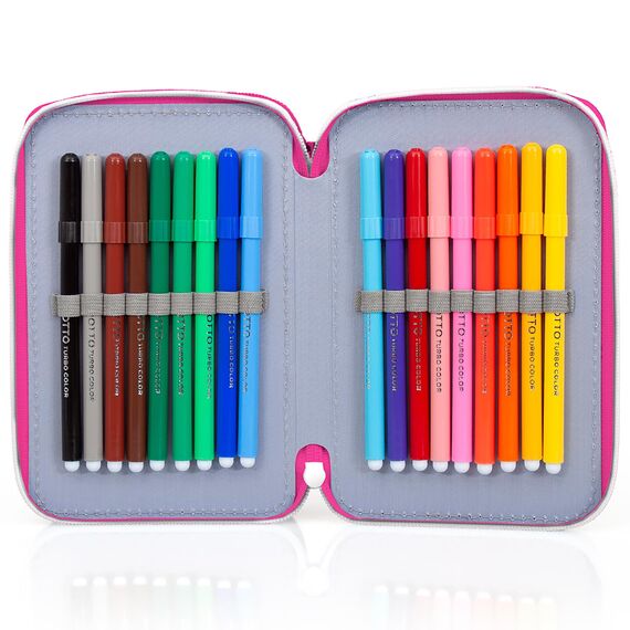 Clondo 3-Fach Federmäppchen für Barbie Fan – 45-teilig, komplett gefüllt – mit Schere, Kleber, Buntstiften, Filzstifte – Rosa – ideal für Schule & als Geschenk Mädchen