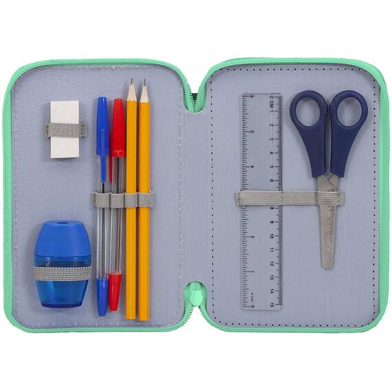 Clondo 3-Fach Federmäppchen für Micky Maus Fan – 44-teilig, komplett gefüllt – mit Schere, Lineal, Buntstiften – Rot – ideal für Schule & als Geschenkt – Dinosaurier-Thema