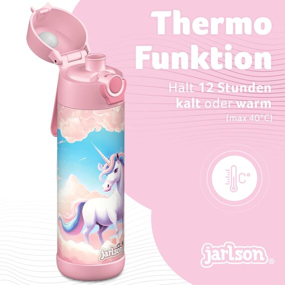 Jarlson® Trinkflasche Kinder Edelstahl MALI [THERMOSFLASCHE] - Kindertrinkflasche Auslaufsicher - Thermoskanne Kohlensäure geeignet - Trink Flasche für Schule & Kindergarten (500ml, Einhorn Rosa)