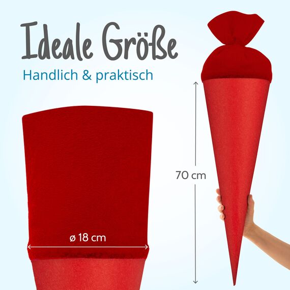 itenga Bastelschultüte Schultütenrohling Zuckertüte Schultüte 70cm rund mit und ohne Filzverschluss (Rot mit Filzverschluss)