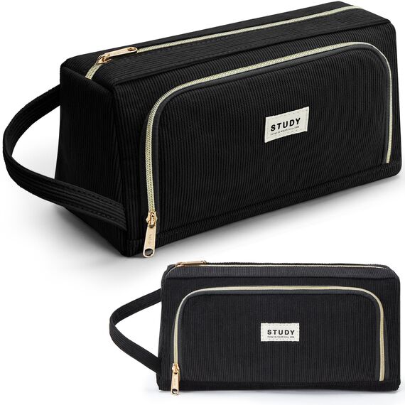 KALIDI Federmäppchen Mäppchen Federtaschen 2 Fächer, extra groß Pencil Case Stifte Etui Schule, Aesthetic Federmäppchen Mäppchen für Mädchen und Jungen, Cord Schwarz