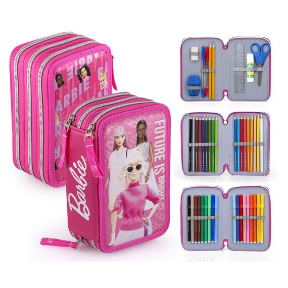 Clondo 3-Fach Federmäppchen für Barbie Fan – 45-teilig, komplett gefüllt – mit Schere, Kleber, Buntstiften, Filzstifte – Rosa – ideal für Schule & als Geschenk Mädchen