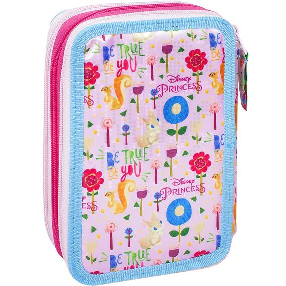 Clondo Mädchen 3-Fach Federmäppchen für Disney Prinzessinnen Fans – 44-teilig, komplett gefüllt – mit Schere, Lineal, Buntstiften – Rosa & Lila – Ideal für Schule & als Geschenk
