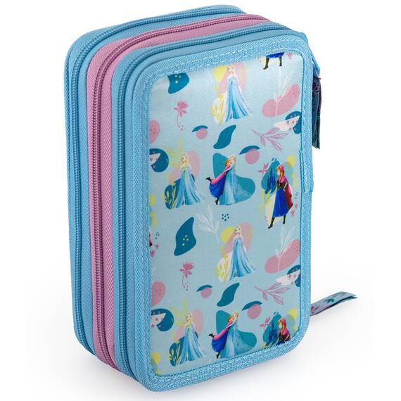 Clondo Mädchen 3-Fach Federmäppchen für Die Eiskönigin Frozen Fan – 45-teilig, komplett gefüllt – mit 2 löschbaren Gelstiften, Schere, Kleber, Buntstiften – Blau – ideal für Schule & als Geschenk