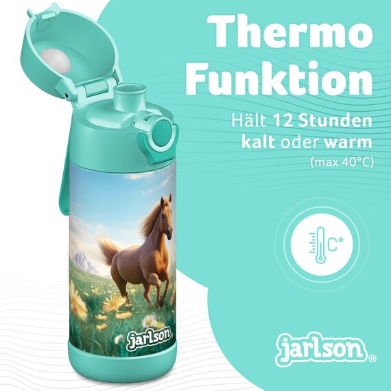 Jarlson® Trinkflasche Kinder Edelstahl MALI [THERMOSFLASCHE] - Kindertrinkflasche Auslaufsicher - Thermoskanne Kohlensäure geeignet - Thermo Trink Flasche für Schule & Kindergarten (350ml, Pferd 2.0)