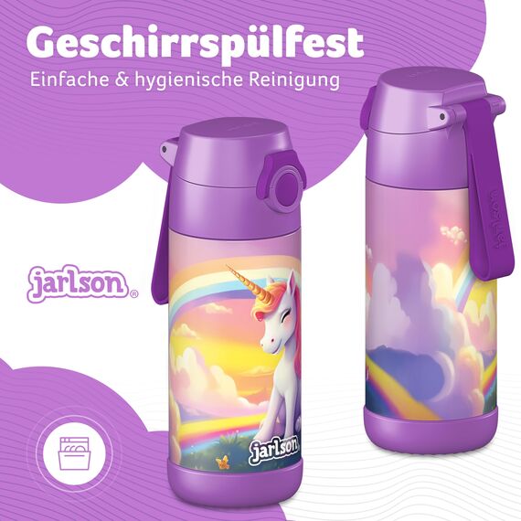 Jarlson® Trinkflasche Kinder Edelstahl MALI [THERMOSFLASCHE] - Kindertrinkflasche Auslaufsicher - Thermoskanne Kohlensäure geeignet - Trink Flasche für Schule & Kindergarten (350ml, Einhorn 2.0)