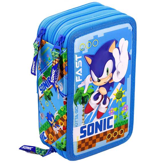 Clondo Federmäppchen Kinder, für Sonic Fan, 45 Schulzubehör, 3 Reißverschlüsse, organisierte Fächer, Buntstifte, Filzstifte, Kleber, Schere, Jungen