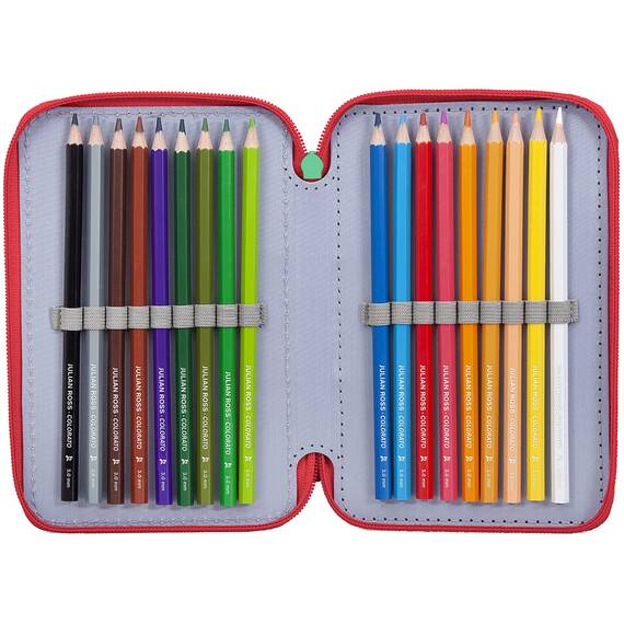 Clondo 3-Fach Federmäppchen für Micky Maus Fan – 44-teilig, komplett gefüllt – mit Schere, Lineal, Buntstiften – Rot – ideal für Schule & als Geschenkt – Dinosaurier-Thema