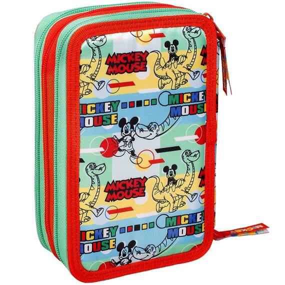 Clondo 3-Fach Federmäppchen für Micky Maus Fan – 44-teilig, komplett gefüllt – mit Schere, Lineal, Buntstiften – Rot – ideal für Schule & als Geschenkt – Dinosaurier-Thema