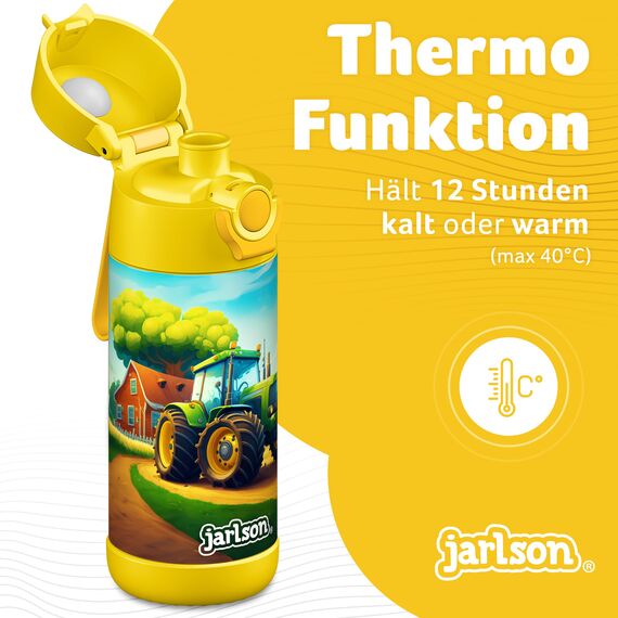 Jarlson® Trinkflasche Kinder Edelstahl MALI [THERMOSFLASCHE] - Kindertrinkflasche Auslaufsicher - Thermoskanne Kohlensäure geeignet - Thermo Trink Flasche für Schule & Kindergarten (350ml, Traktor)