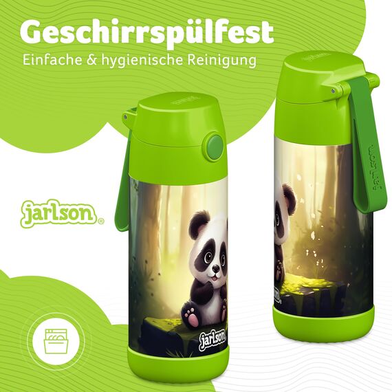 Jarlson® Trinkflasche Kinder Edelstahl MALI [THERMOSFLASCHE] - Kindertrinkflasche Auslaufsicher - Thermoskanne Kohlensäure geeignet - Thermo Trink Flasche für Schule & Kindergarten (350ml, Panda)