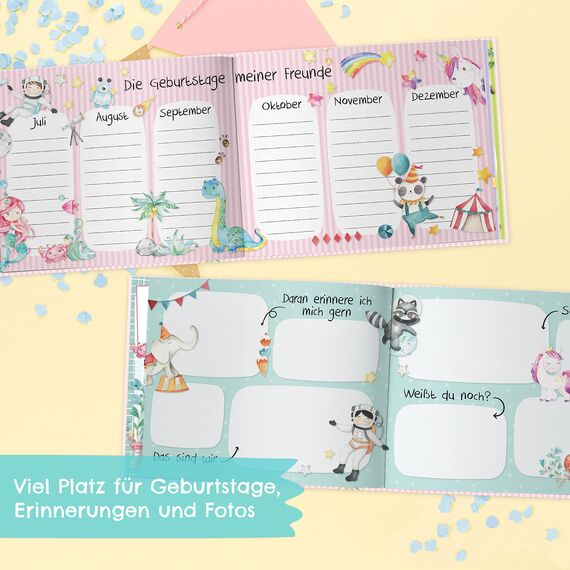 Papierdrachen Hochwertiges Freundebuch für Kinder - Kindergartenfreunde - Rosa - Poesiealbum mit Meerjungfrau, Prinzessin & Dinos - für 27 Freunde - buntes kindgerechtes Design