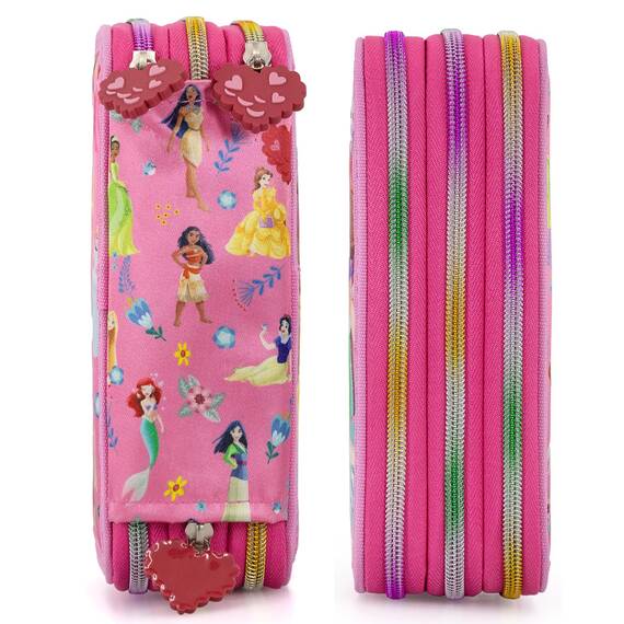 Clondo Mädchen Federmäppchen 3-Fach gefüllt, Für Disney Prinzessinnen Fan, 45-TLG., Rosa, Radierbare Gelstifte, Filzstifte, Buntstifte, Schere, Kleber, Mit Reißverschlussfächern