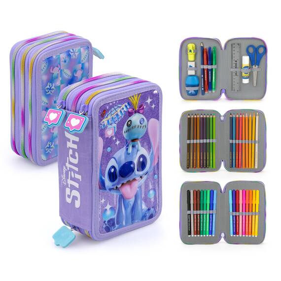 Clondo 3-Fach Federmäppchen Mädchen Gefüllt für Stitch Fan – Schulmäppchen Set 46 Teile mit Radierbaren Stiften, Filzstiften, Buntstiften – ideal für Schule & als Geschenk