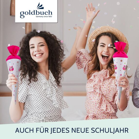 goldbuch 93 043 Geschwistertüte Eule, Schultüte aus Lackarton mit Eulen-Blumenmuster, Geschenkverpackung mit pinkem Filzverschluss (ohne Verschlussband), Zuckertüte rund, Länge 35 cm, Ø 11,5 cm, Weiß