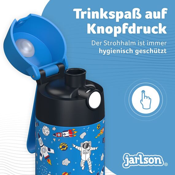 Jarlson® Trinkflasche Kinder Edelstahl MALI [THERMOSFLASCHE] - Kindertrinkflasche Auslaufsicher - Thermoskanne Kohlensäure geeignet - Thermo Trink Flasche für Schule & Kindergarten (350ml, Weltall)