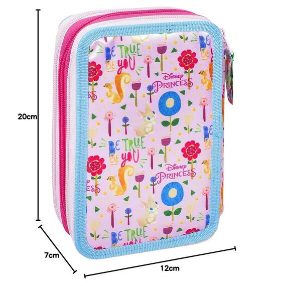 Clondo Mädchen 3-Fach Federmäppchen für Disney Prinzessinnen Fans – 44-teilig, komplett gefüllt – mit Schere, Lineal, Buntstiften – Rosa & Lila – Ideal für Schule & als Geschenk
