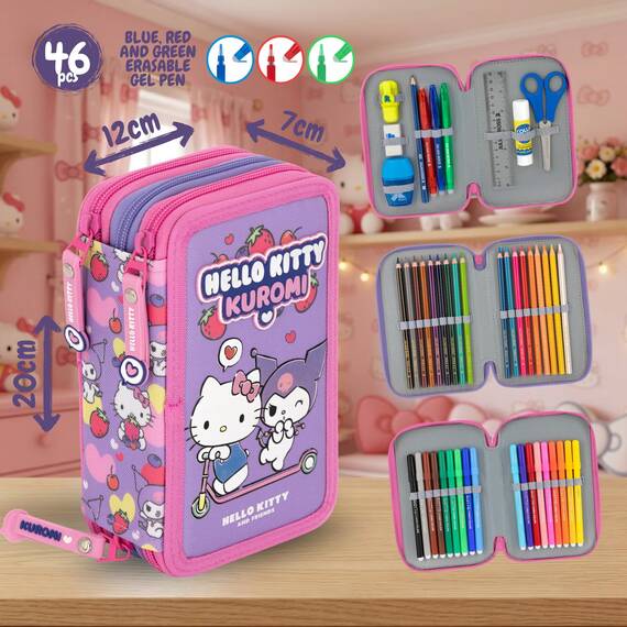 Clondo 3-Fach Federmäppchen Mädchen Gefüllt für Hello Kitty Kuromi Fan – Schulmäppchen Set 46 Teile mit Radierbaren Stiften, Filzstiften, Buntstiften – ideal für Schule & als Geschenk