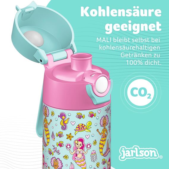 Jarlson® Trinkflasche Kinder Edelstahl MALI [THERMOSFLASCHE] - Kindertrinkflasche Auslaufsicher - Thermoskanne Kohlensäure geeignet - Trink Flasche für Schule & Kindergarten (350ml, Meerjungfrau)