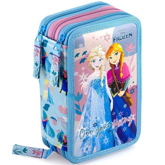 Clondo Mädchen 3-Fach Federmäppchen für Die Eiskönigin Frozen Fan – 45-teilig, komplett gefüllt – mit 2 löschbaren Gelstiften, Schere, Kleber, Buntstiften – Blau – ideal für Schule & als Geschenk