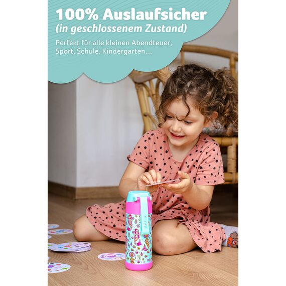 Jarlson® Trinkflasche Kinder Edelstahl MALI [THERMOSFLASCHE] - Kindertrinkflasche Auslaufsicher - Thermoskanne Kohlensäure geeignet - Trink Flasche für Schule & Kindergarten (350ml, Meerjungfrau)