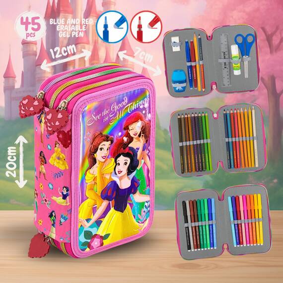 Clondo Mädchen Federmäppchen 3-Fach gefüllt, Für Disney Prinzessinnen Fan, 45-TLG., Rosa, Radierbare Gelstifte, Filzstifte, Buntstifte, Schere, Kleber, Mit Reißverschlussfächern